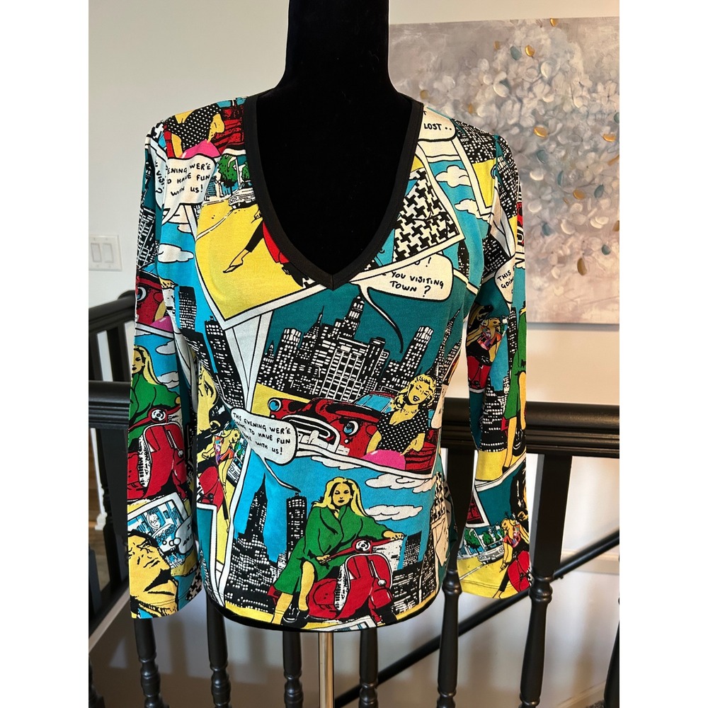 Lynn Ritchie Silk Cotton Pop Art Comic Book Print V-Neck Long Sleeve Top M